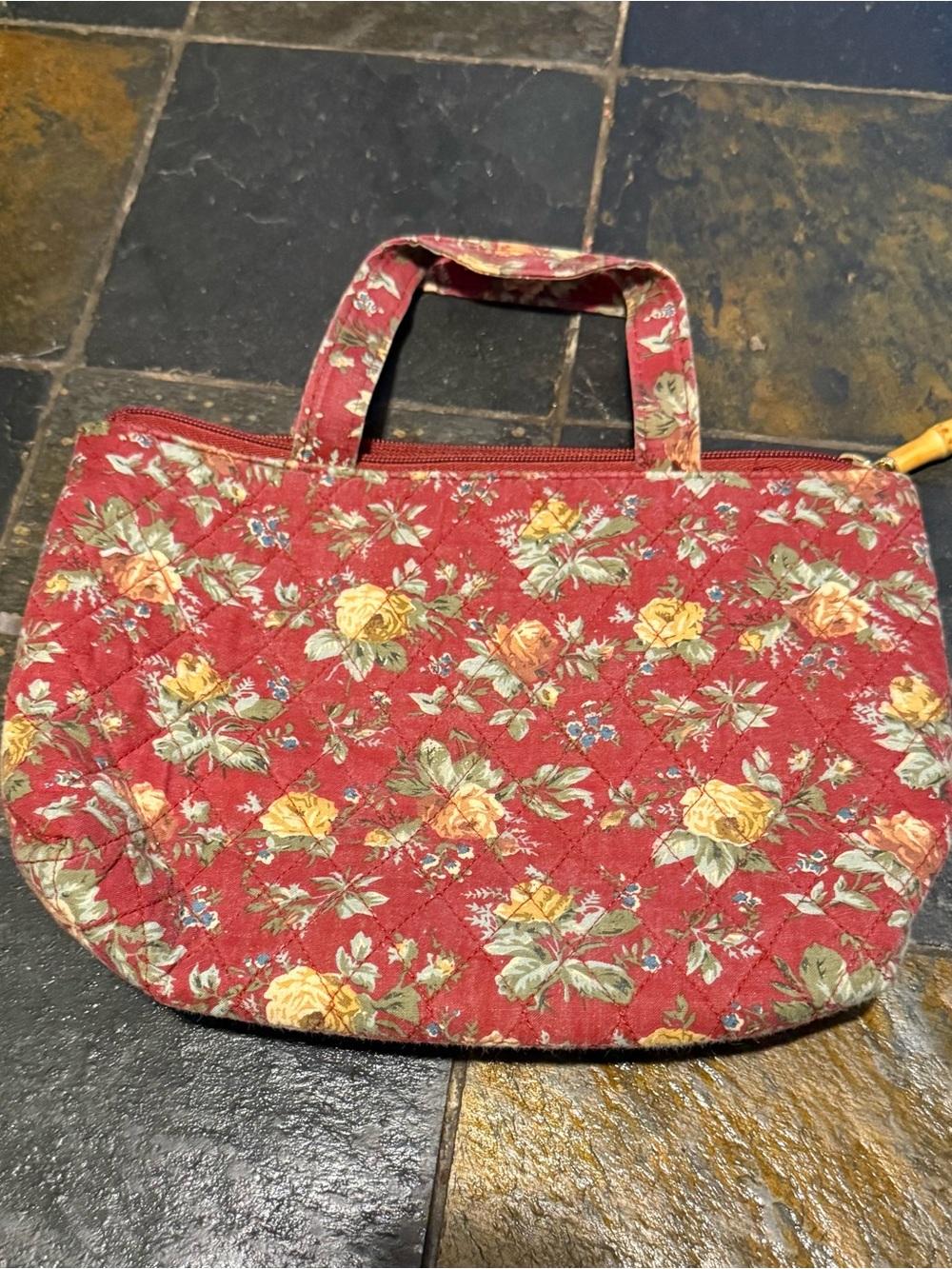 Quilted Floral Red Tote Bag with Top Handles
